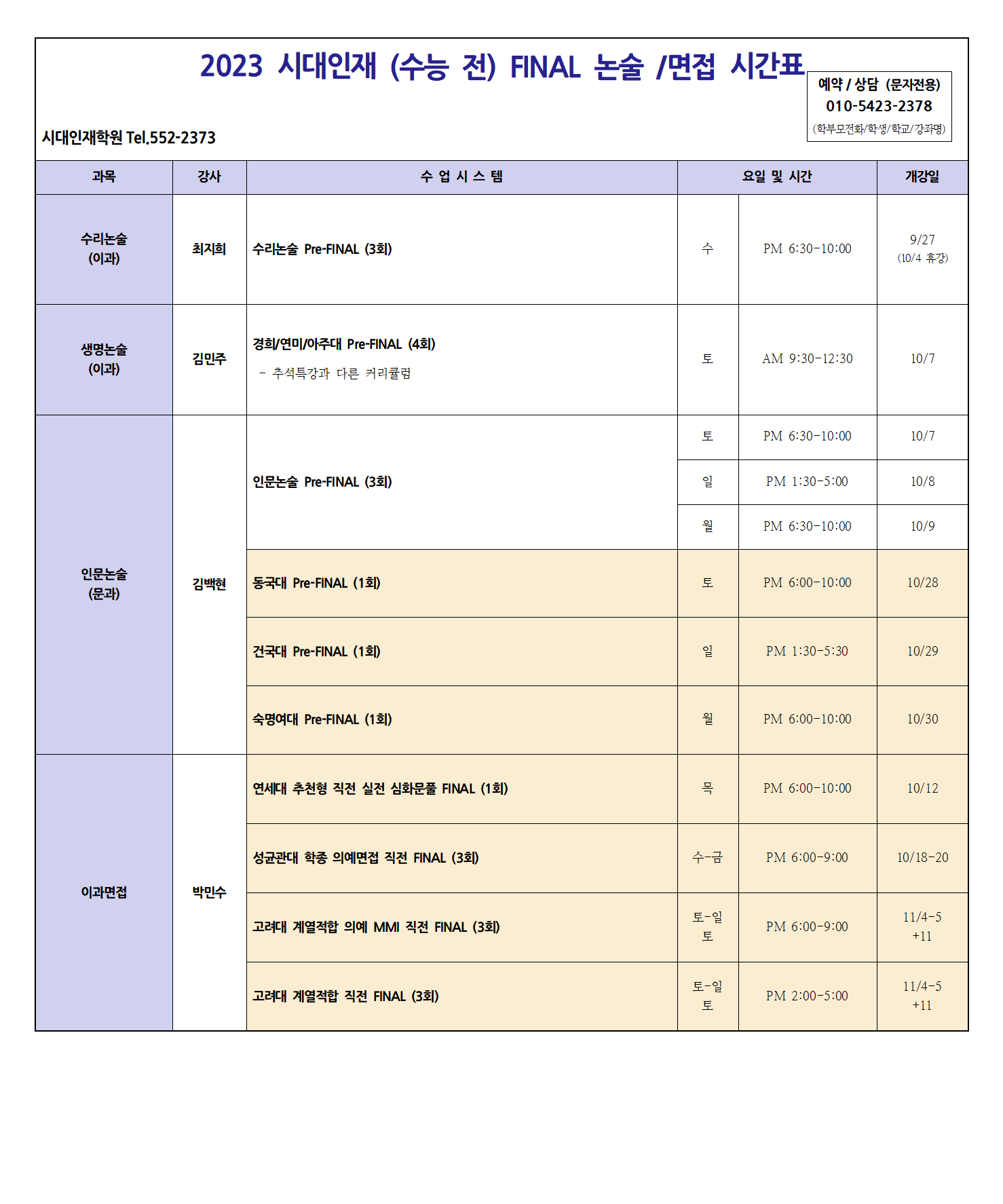 대치 시대인재 2023 (수능 전) Final 논술 시간표 - 학원 찾을 땐, 강남엄마
